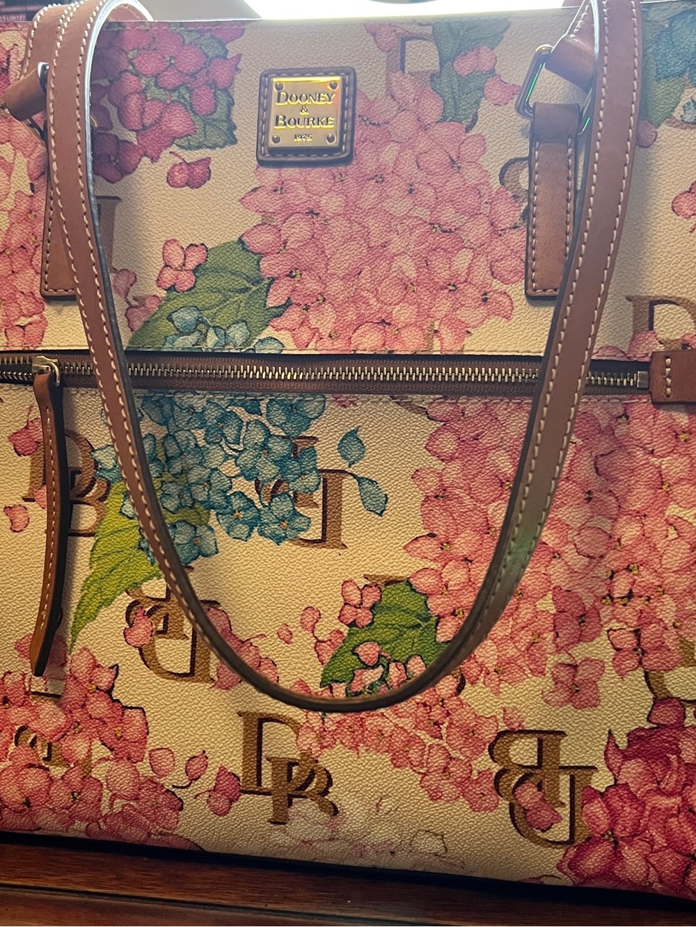 Dooney & Bourke Hydrangea Floral Tote | Pink Blue DB Logo Spring Garden Bag - Picture 8 of 11